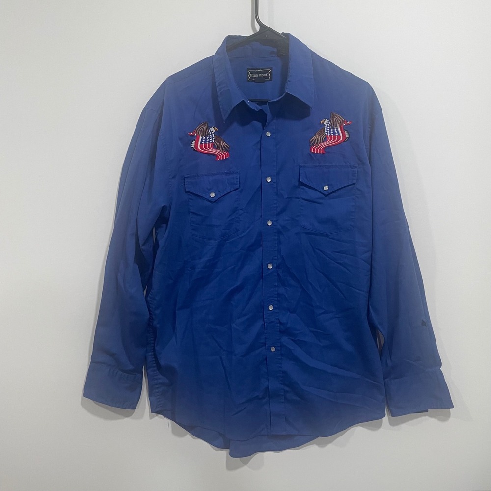 High Noon Mens Large Blue Western Pearl Snap Shirt American Flag Eagle  Vintage